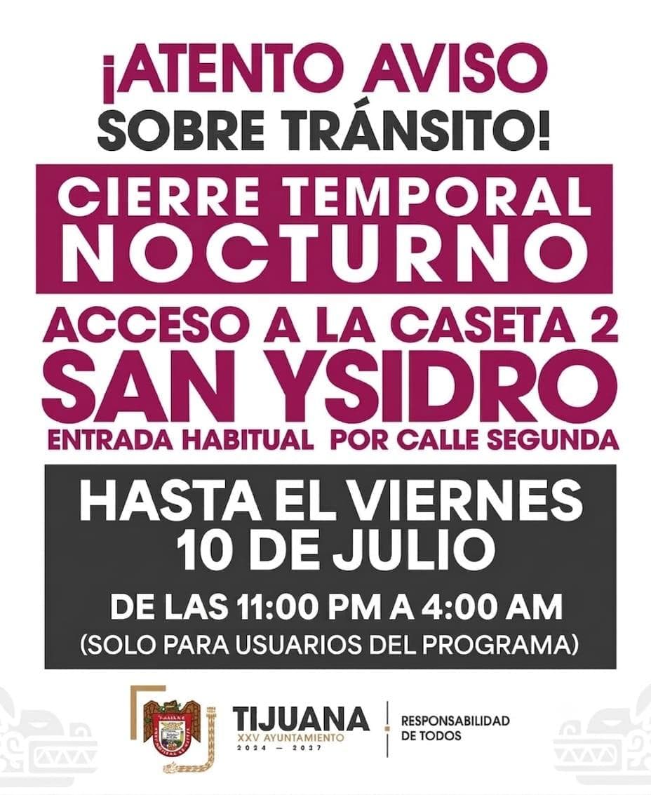 Realiza Gobierno Municipal de Tijuana trabajos nocturnos de mantenimiento en acceso a la caseta 2 de San Ysidro