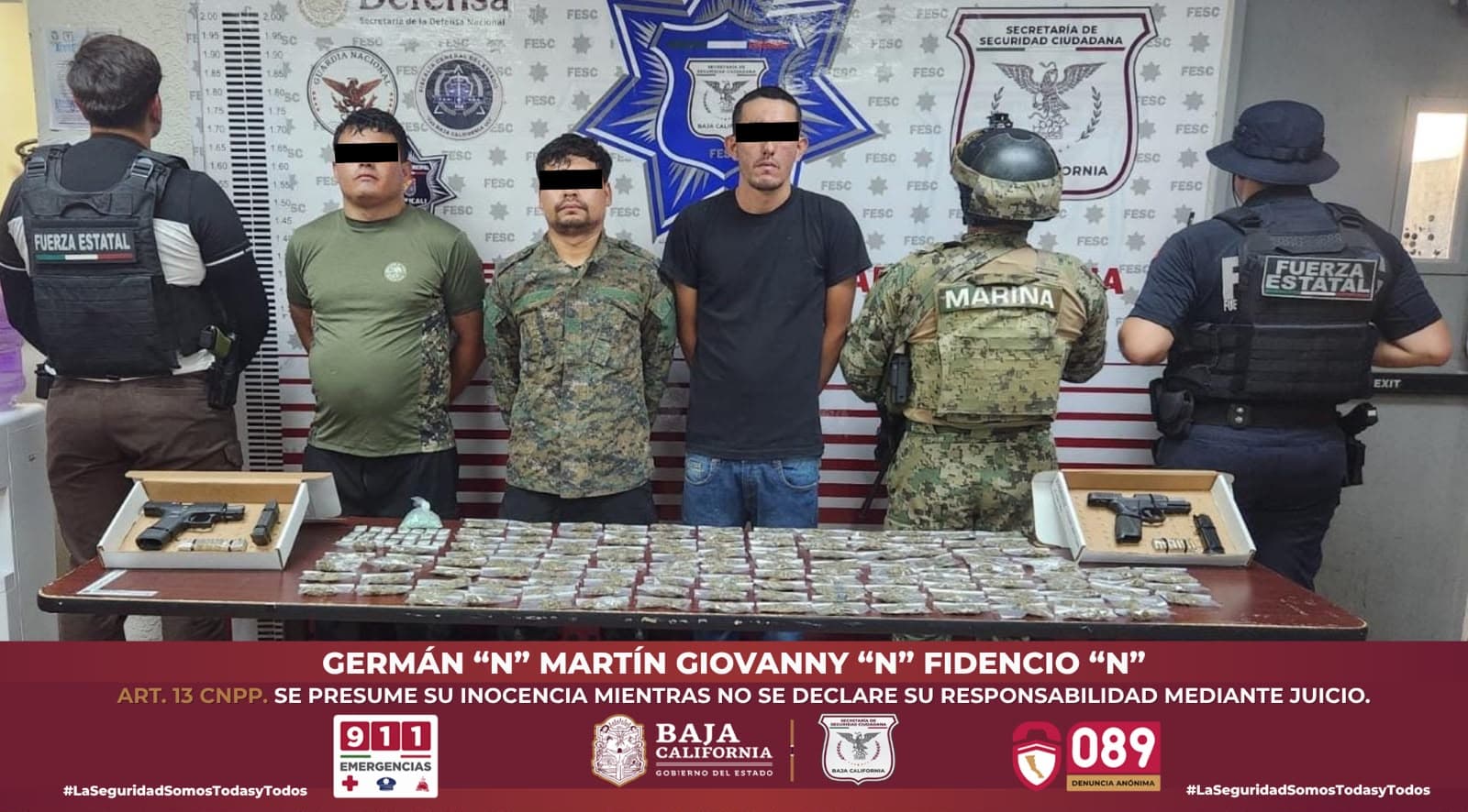 Detienen autoridades de seguridad a tres individuos; aseguran armas y droga